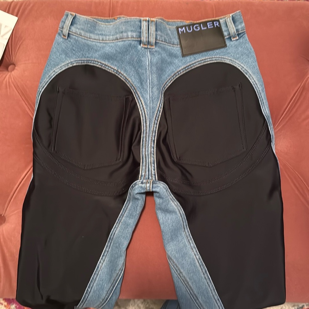 MUGLER CONTRAST PANEL JEANS MEDIUM BLUE AND BLACK NWT 42
